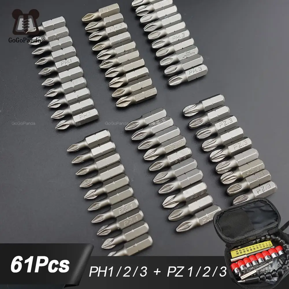 25mm Bits Set  GCr15 Pozidrive Bits Hex Shanked Anti Slip Screwdriver Bits Magnetic Single Head PZ1 / PZ2 / PZ3 PH1 PH2 PH3