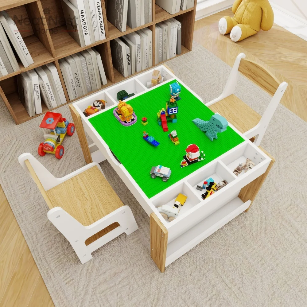 

2 in 1 Table & 2 Chairs Set,7 Storage Compartments,Compatible with LEGO Building Block, Activity Learning Table Game Furniture
