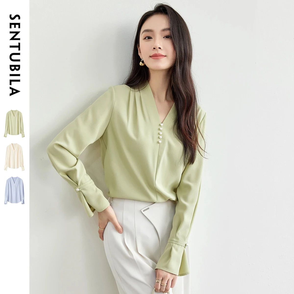 

SENTUBILA, весенняя шифоновая блузка, женская 2021, прямая, с v-образным вырезом, расклешенными рукавами, с жемчугом, офисные женские элегантные рубашки 161VA6485X