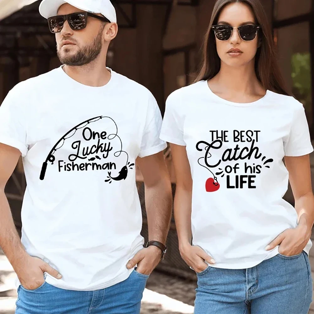 Summer Men Women One Lucky Fisherman Funny T-Shirt Fashion Cotton Tops Tees Couple Wedding Anniversary Honeymoon Clothing