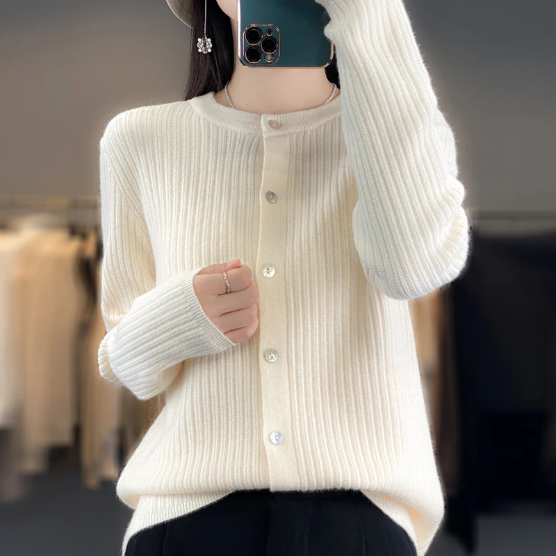 Women Pure Wool Soft Sweater O-Neck Thickened Vertical Stripe Cardigan Autumn Winter Female Coat Basis Casual Knitting Top