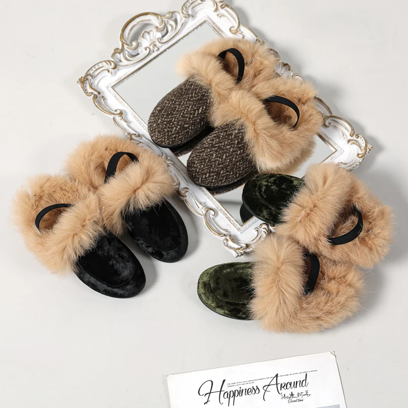 AS 2024 New Kids Fashion Shoes Children Fur Outdoor Slides Baby Girls Slip On Slippers Toddler Boys Brand Flats Princess Slides