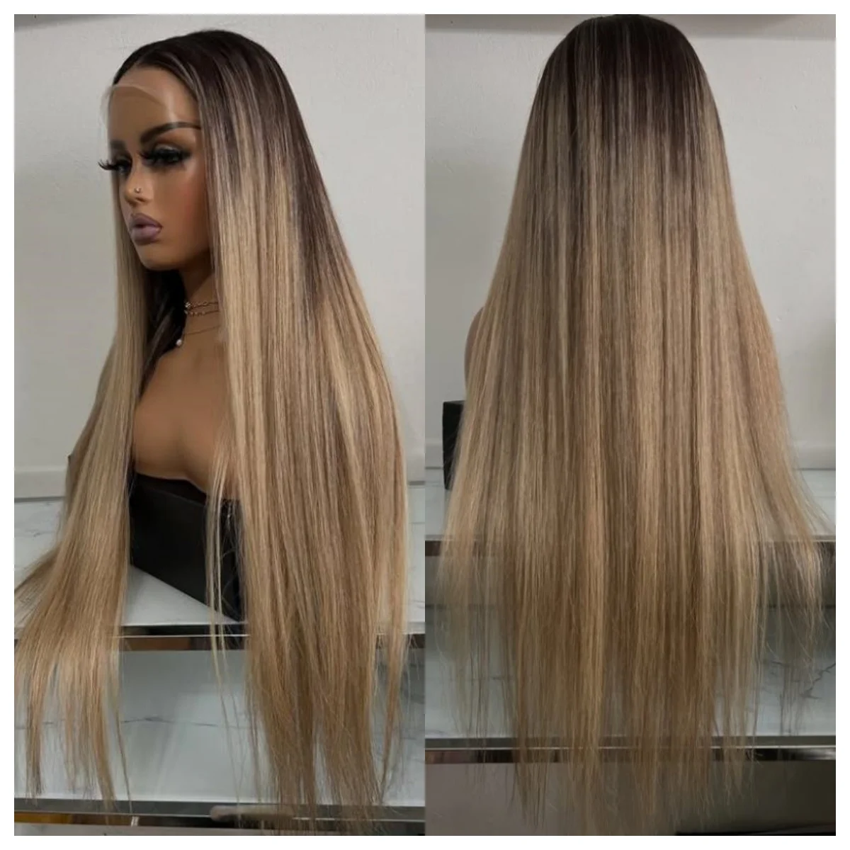 

Пляжный парик с темными корнями, прямой парик из волос, средняя часть, блондинка, прямой многослойный термобезопасный синтетический парик спереди, парики для женщин