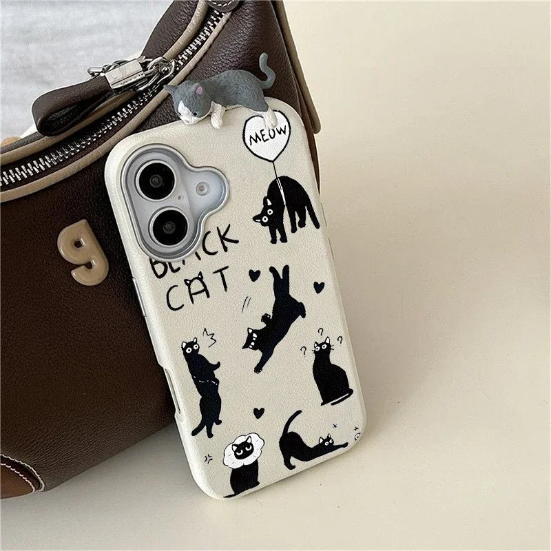 Funny Black Kitten 3D Doll Case Compatible for IPhone 15 11 16 12 14 13 Pro Max 15 16 Plus XR X XS Max Leather Texture Case ﻿
