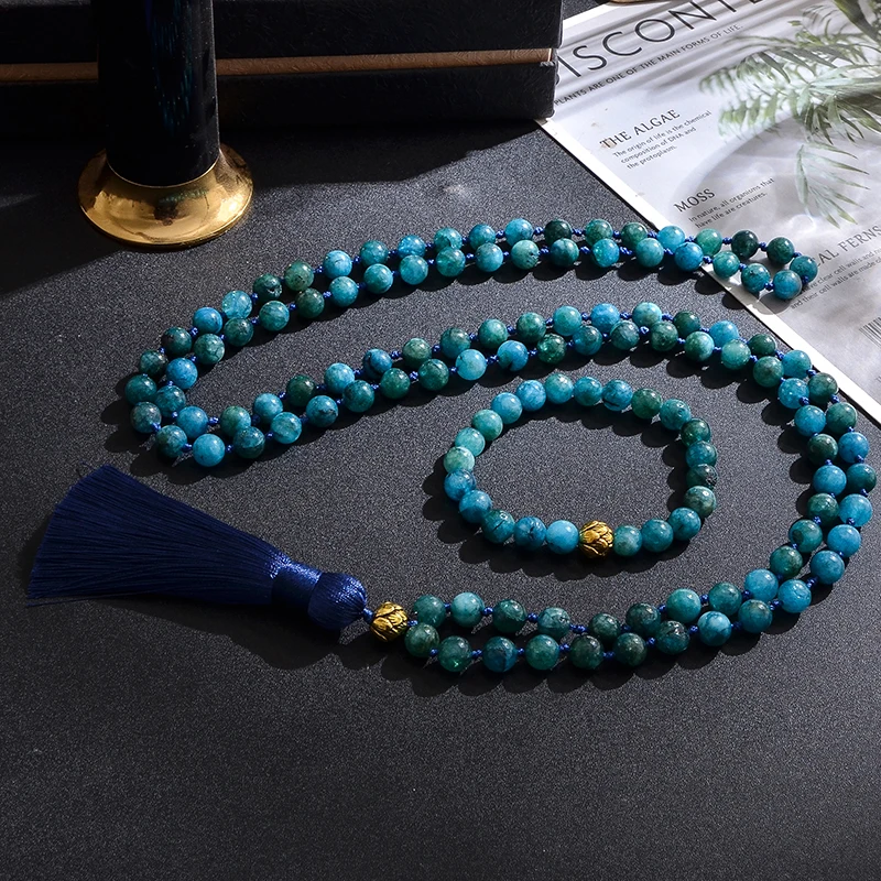 8mm Apatite Beaded Knotted 108 Mala Necklace Bracelet Set Meditation Yoga Prayer Jewelry Japamala Rosary for Men and Women