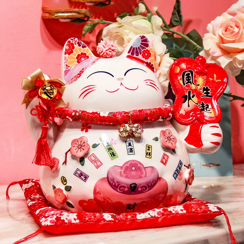 سيراميك Maneki Neko Lucky Cat - تمثال قطة الحظ على الطراز الياباني للمنزل ومدخل المتجر والبهو وديكور المكتب