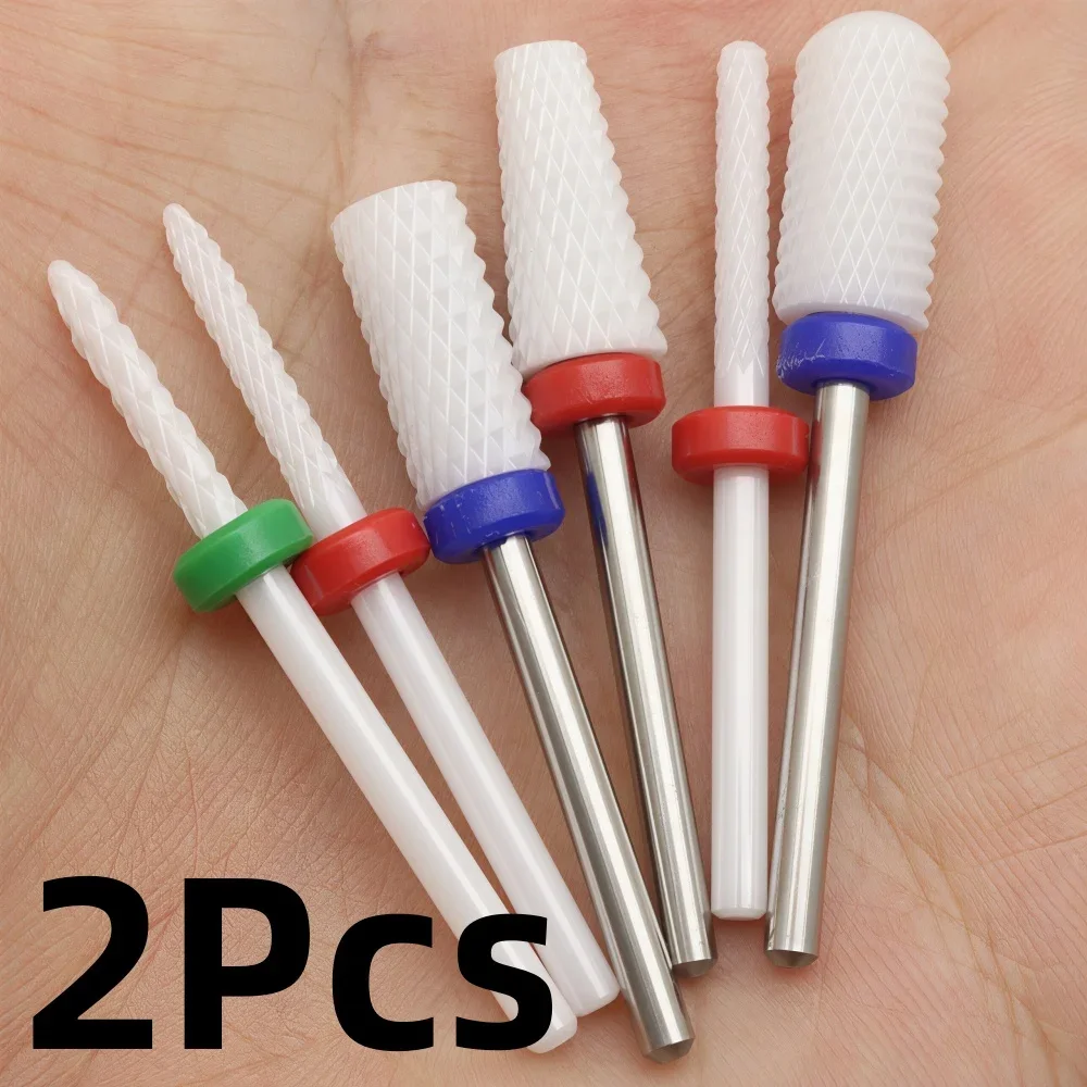 2Pcs 3/32 Inch Ceramic Nail Drill Bit Set, White Rotary Grinding Burr Cutter Heads for Gel Polish Acrylic Removal Manicure Tools