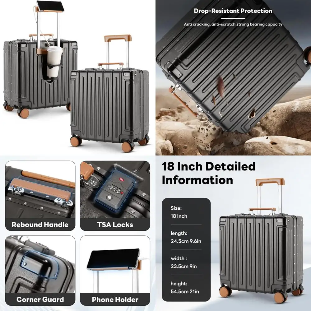 TSA Approved 18 Inch Lightweight Hardside Carry-On Suitcase with Cup Holder and TSA Lock for Travel