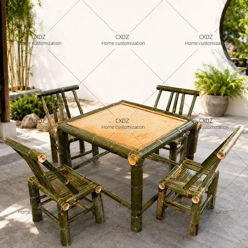 Handmade Bamboo Table and Chair Set Natural Real Bamboo Material Chinese Style Garden Casual Tea Table and Chair Combination