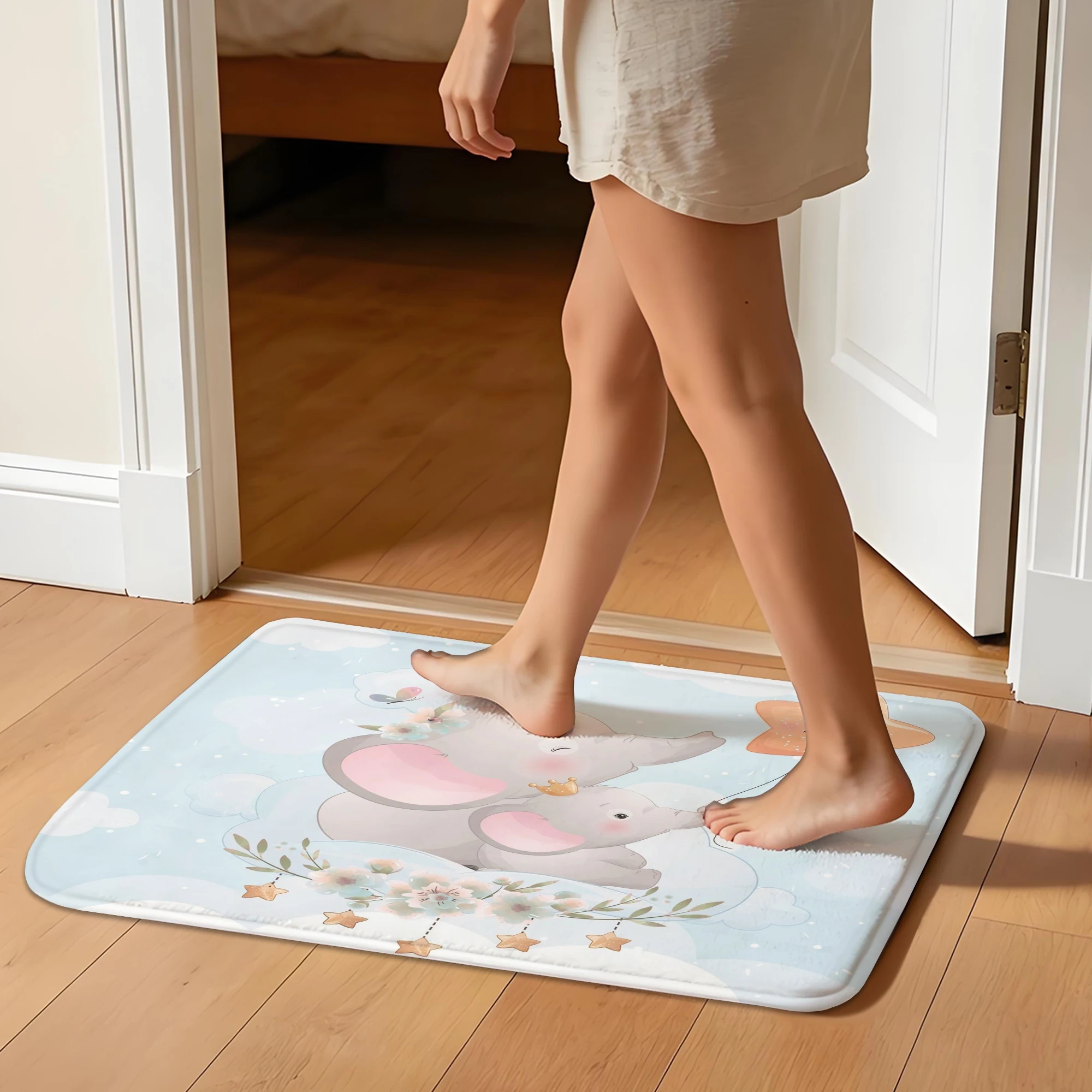 Cute Elephant Star Door Mat Blue Cartoon Non-Slip Water Absorbent Bathroom Rug Floor Carpet for Bedroom Decor