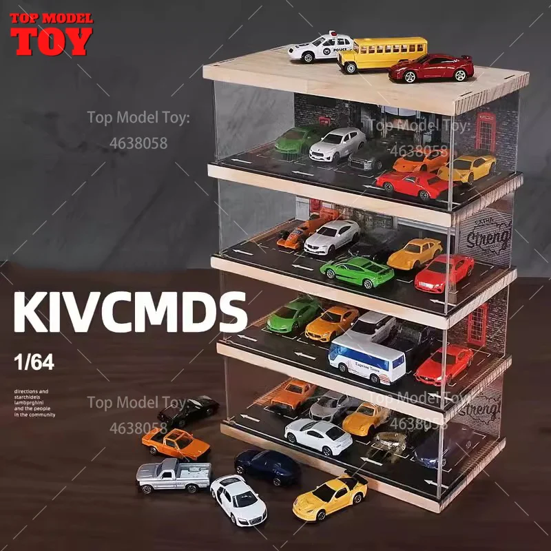 1/64 Scale Four Story Parking Lot Model Mini House Props Simulated Car Garage Scene Assembly Display Box in Set for Fan Storage