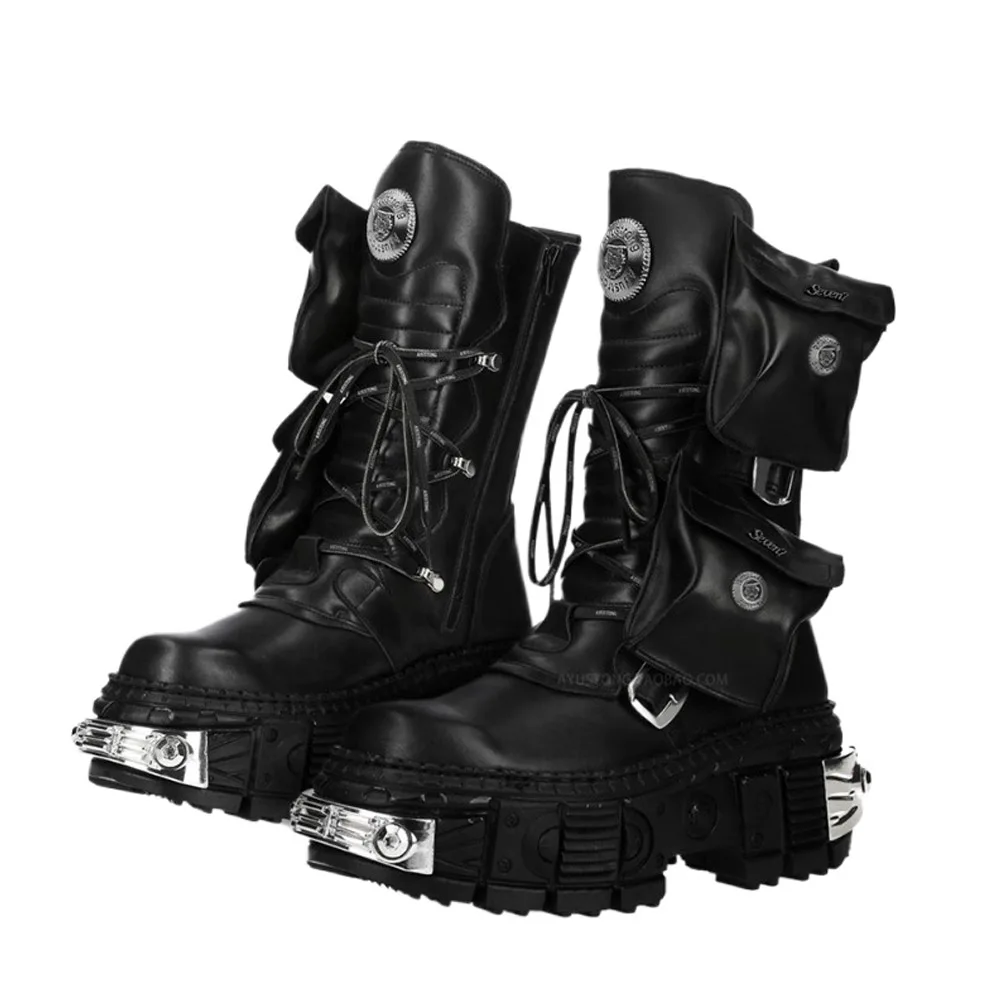 

Men's Genuine Leather Motorcycle Boots Metal Round Toe Mid-calf Women Riding Boots Tank Street Punk Rock Belt Buckle