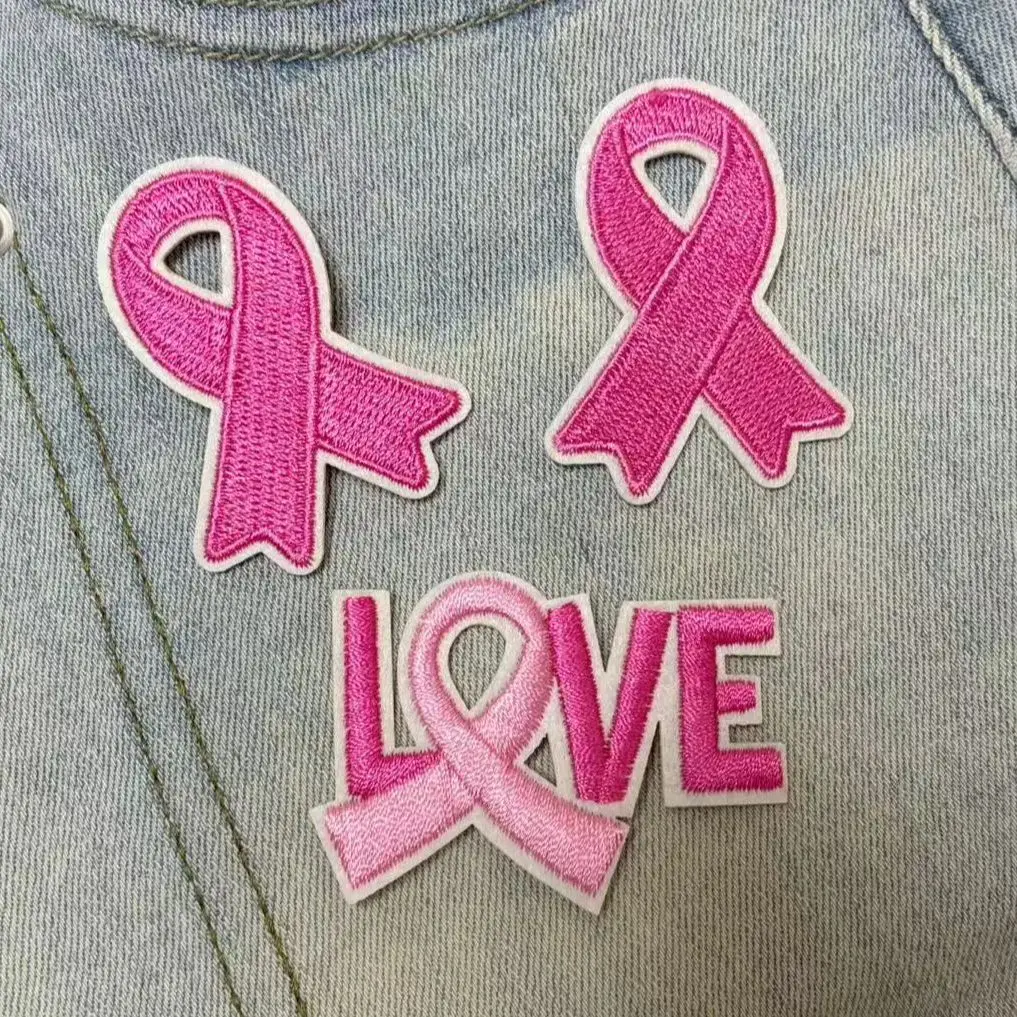 3PCS Pink Breast Cancer Awareness Iron-On Patches – Love & Ribbon Embroidered Appliqués for Clothes, Bags, Wallets, Slippers DIY