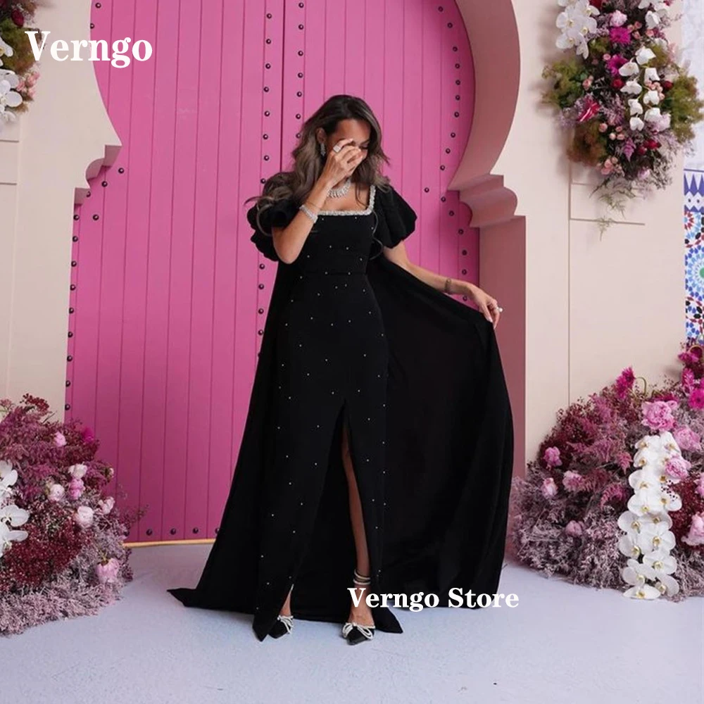 

Verngo Black Velvet Evening Dresses Straight Pearls Square Neck Puff Short Sleeves Pregant Women Formal Party Dress Occasion