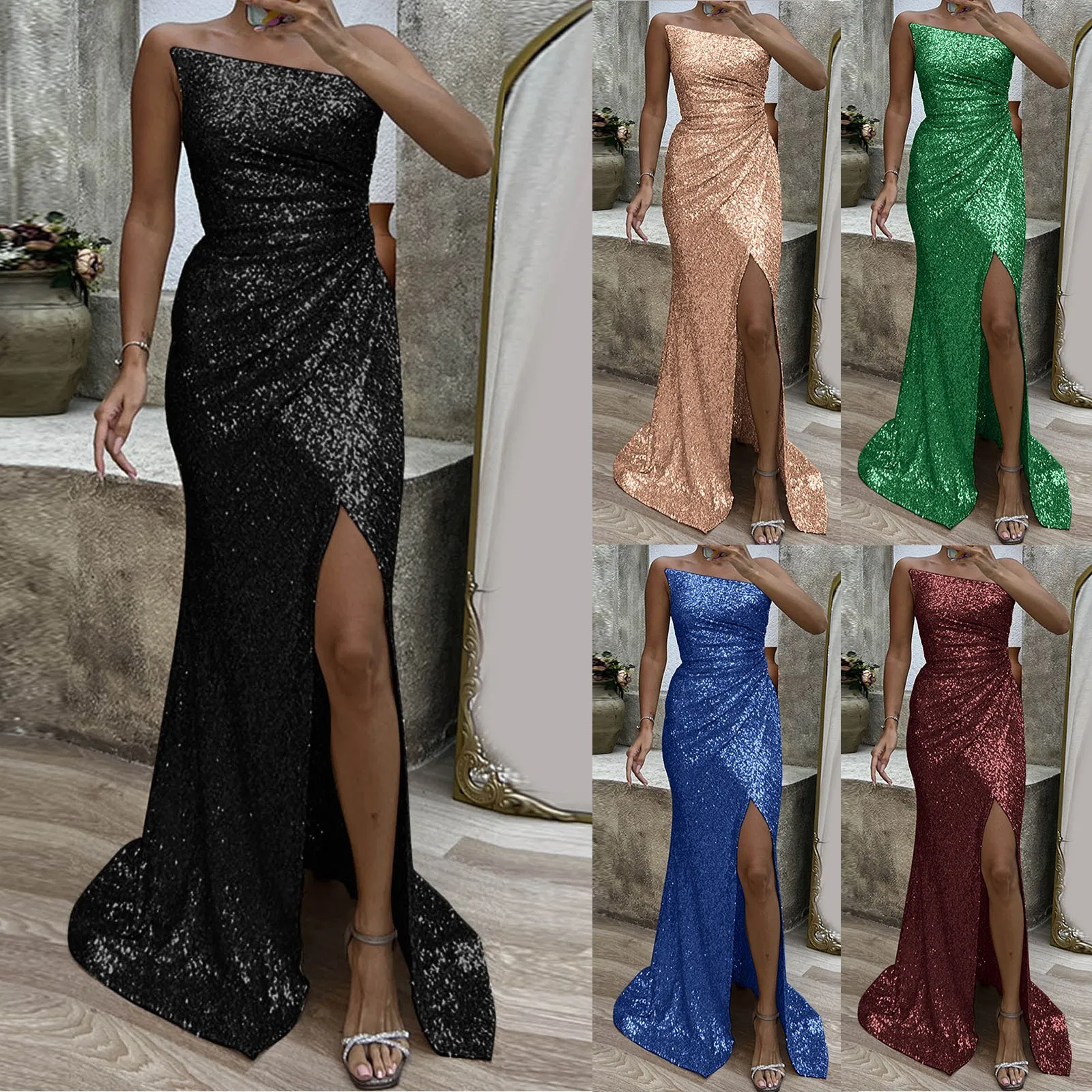 

Women's Elegant Solid Color Sequined Dress Sleeveless Backless Cocktail Party Dresses Off Shoulder Side Slit Sexy Long Skirts