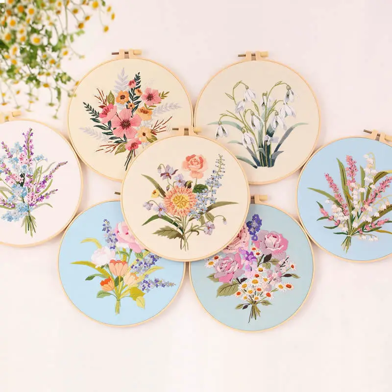 Flower Embroidery Starter Kit DIY Cross Stitch Set for Beginner Plant Printed Sewing Art Craft Painting Home Decor Needle Art