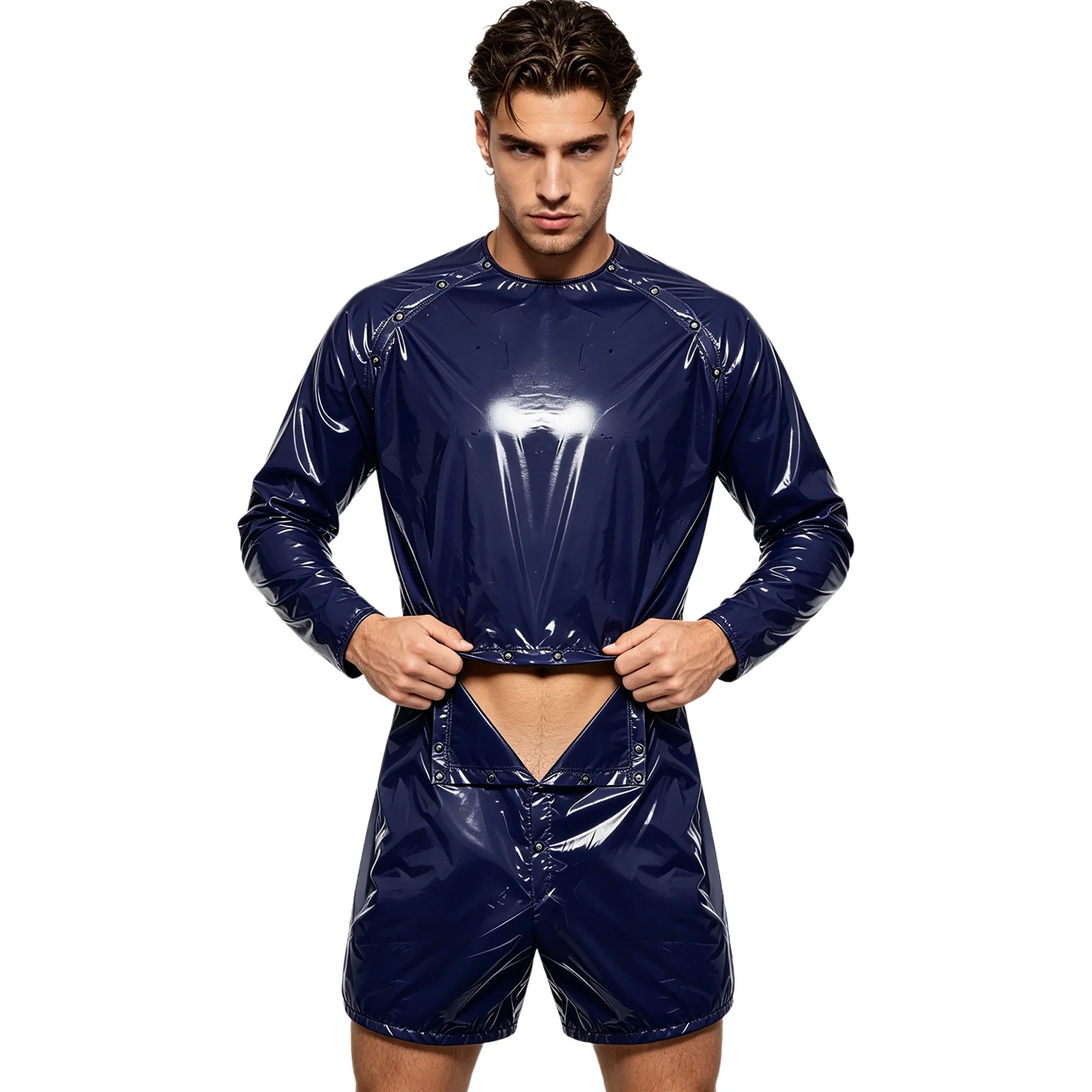 Mens Glossy Waterproof Cutout Jumpsuit Swimwear Sauna Sweat Suit One Piece Swimsuit Long Sleeve Detachable Boxer Shorts Bodysuit