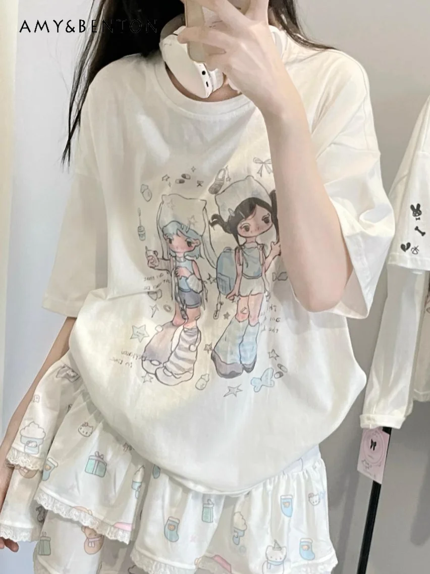 

Japanese Sweet Two-Dimensional Animation Printed White Short-Sleeved Top Summer New Cute Casual Round Neck Oversized T shirt