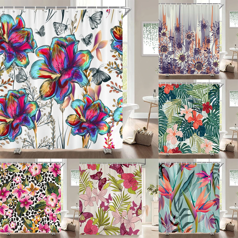 

High Quality Flower Plant leaves Fabric Shower Curtain Waterproof Beautiful Butterfly Bath Curtains for Bathroom Decor with Hook