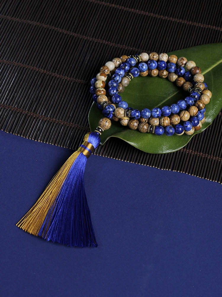 

Mala rosary beads,stone necklace 8mm Blue lapis lazuli Beads and picture ,108 meditation yoga prayer jewelry beads