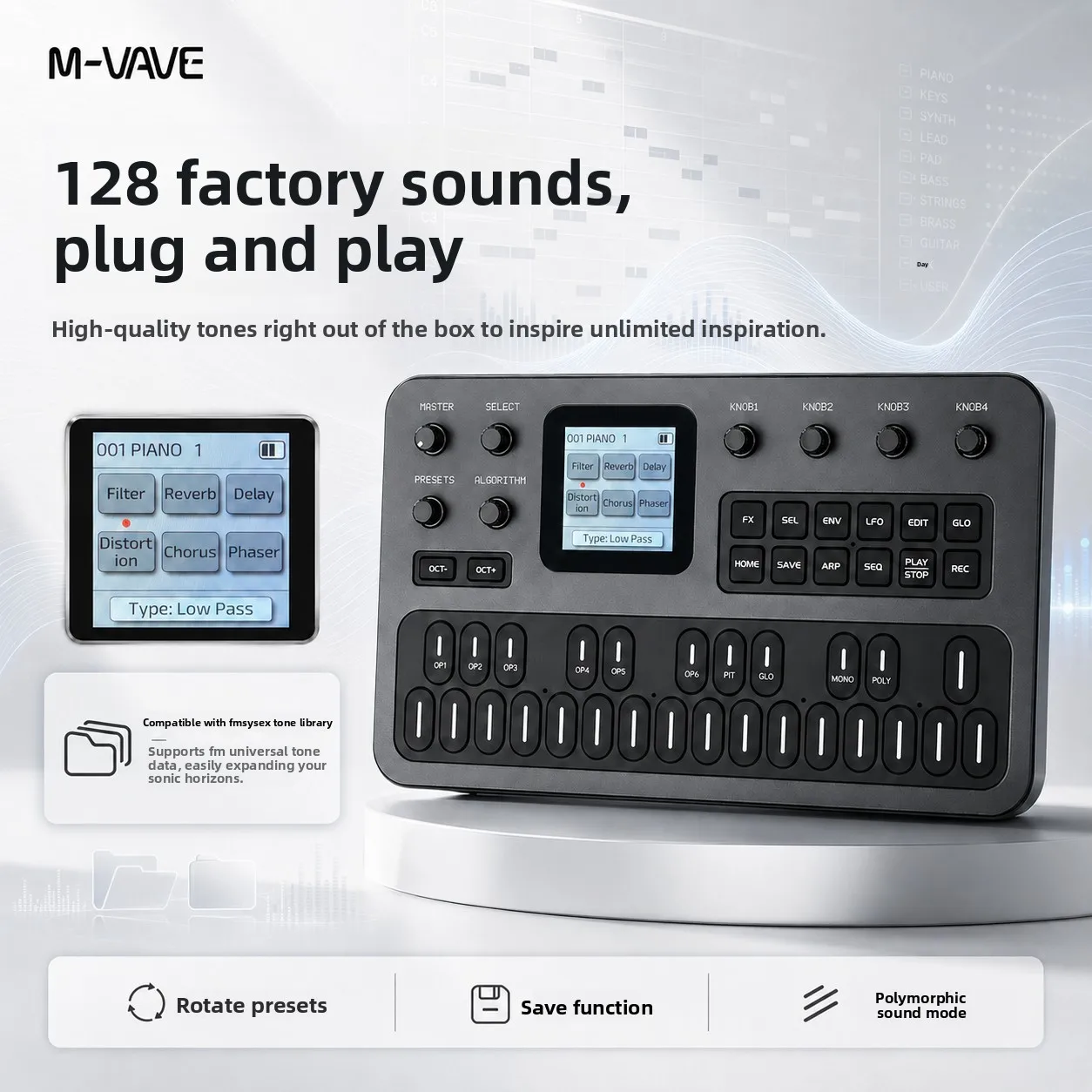 Nouveau Pédale d'Effets M-Vave Fm-1 Synthétiseur Portable Bluetooth Batterie 12h Haut-parleur 6-Opérateurs Midi 32-Algorithmes 128 Presets Intégrés