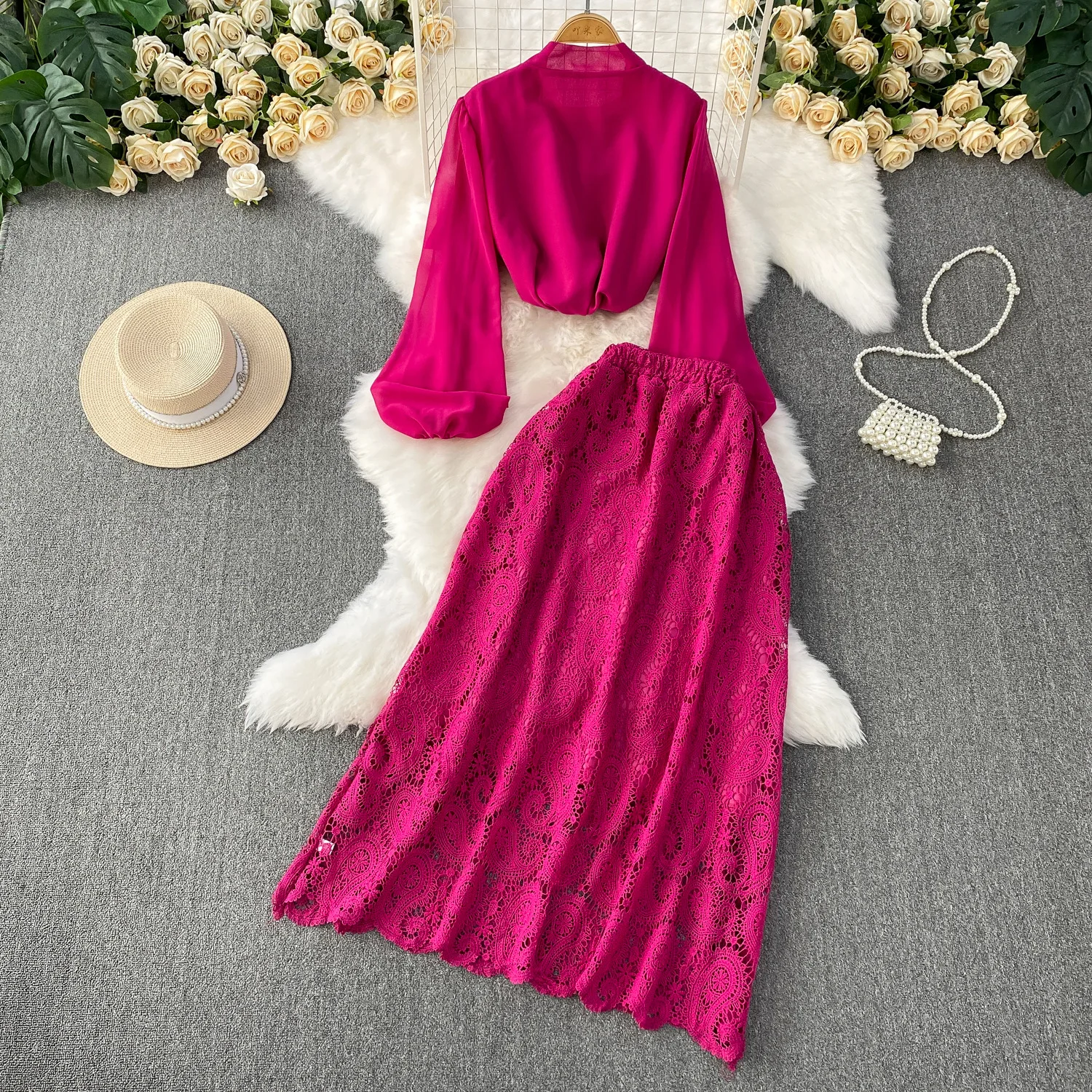 Women Two Piece Sets Skirt Set Round Neck Lantern Sleeve Tops Long Skirts Lace Slim Fit A Line High Waist Y2k Streetwear Elegant