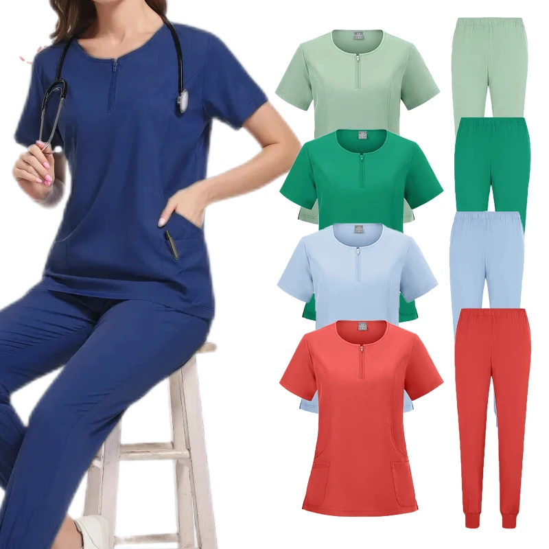 

New Women's Scrubs Set V-neck Medical Uniform Short Sleeve Surgical Scrub Uniform Laboratory Work Clothes Dentist Nurse Workwear