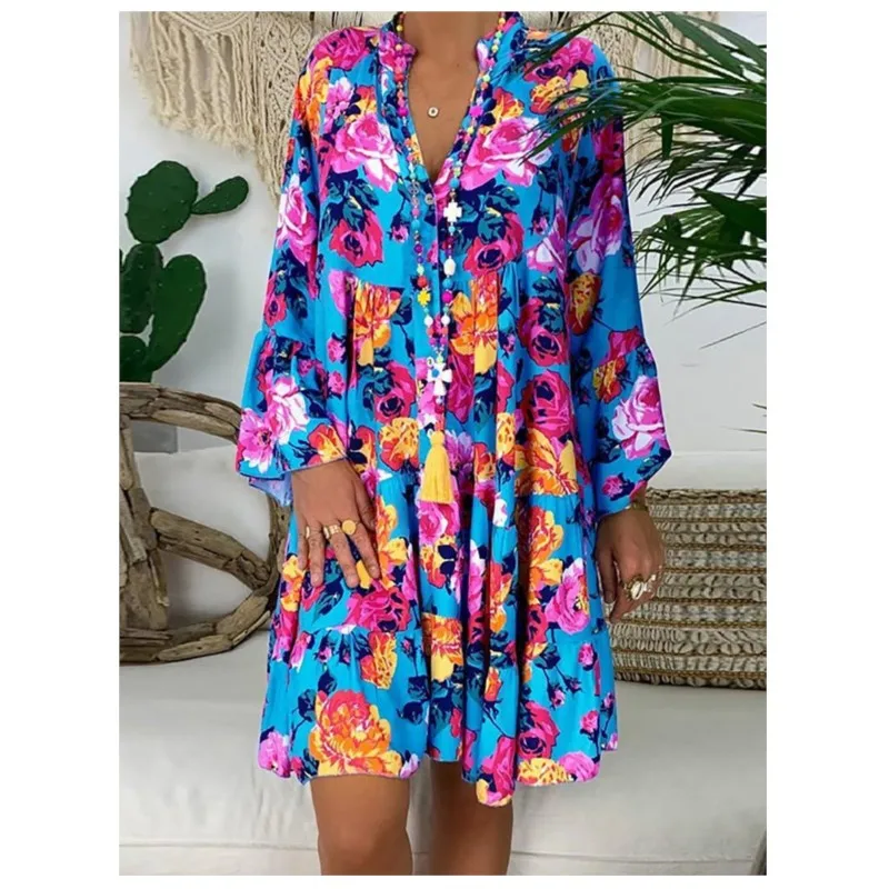 ผู้หญิงพิมพ์แขนยาวขนาดใหญ่สวิงความยาวกลางชุดเดรสแฟชั่นคอวีแถวเดียวหลายปุ่มหลวมพอดี