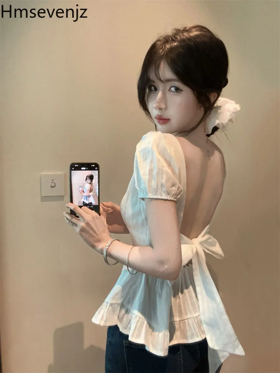 

Hmsevenjz French White Square Collar Shirt Women's Summer Puff Sleeve Backless Bow Short Shirt Fashion Female Clothes