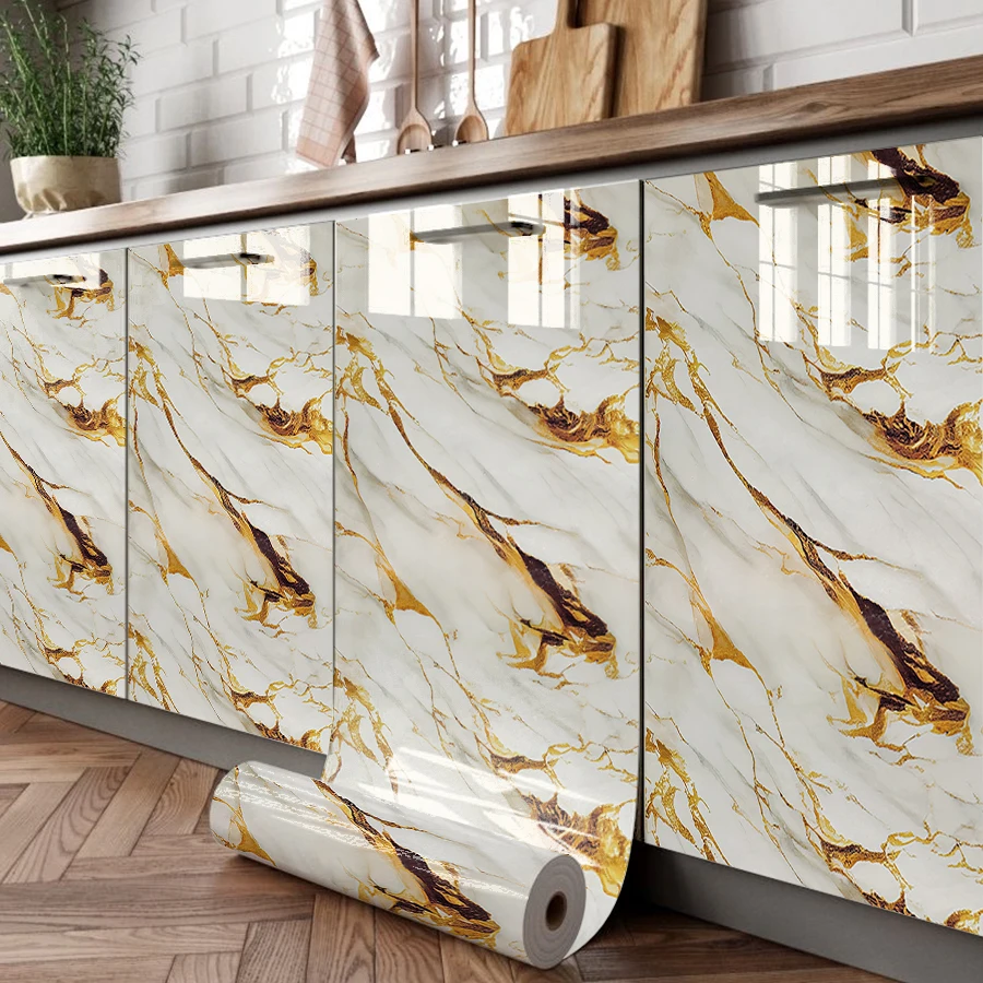 

1 Roll of Gilt Marble Effect Self-Adhesive Wall Stickers, Waterproof and Oil-Proof Film, Perfect for Kitchen and Bathroom Decoration, Imitation Stone Style Decorative Wallpaper