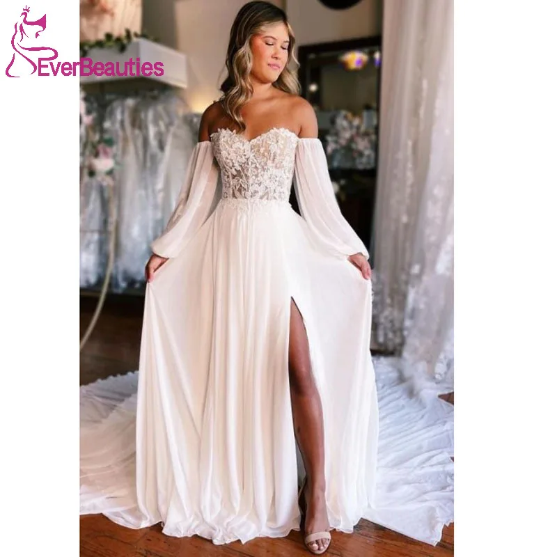 

Long Sleeves Boho Wedding Dresses for Woman Vestidos De Novia Off Shoulder Chiffon Robe De Mariee Beach Simple Bride Dress 2023