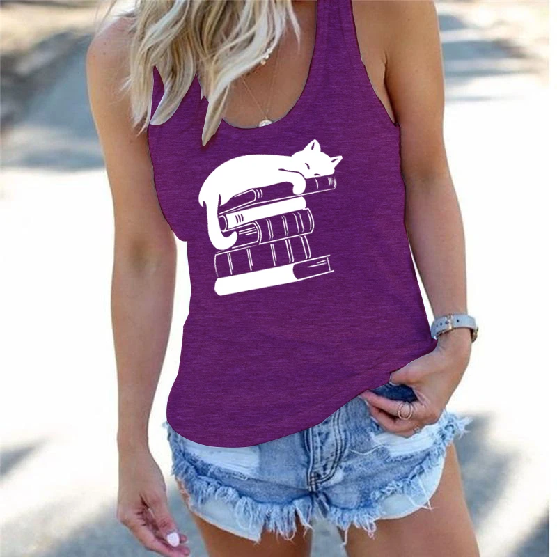 Camisola regata feminina racerback, gato de livro gráfico tops curtos, gato feminino presente proprietário, amantes da leitura moda sexy tops, moda, verão