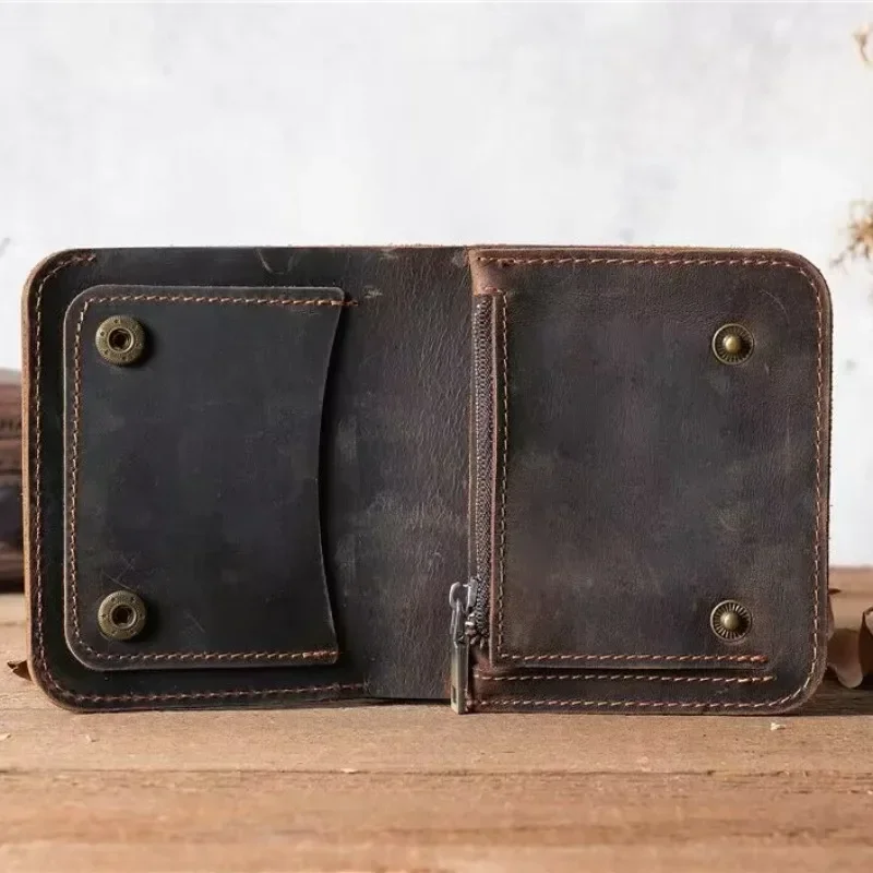 100% Genuine Leather Wallet for Men Male Brand Vintage Handmade Short Small Men\'s Purse Card Holder with Zipper Coin Pocket Bag