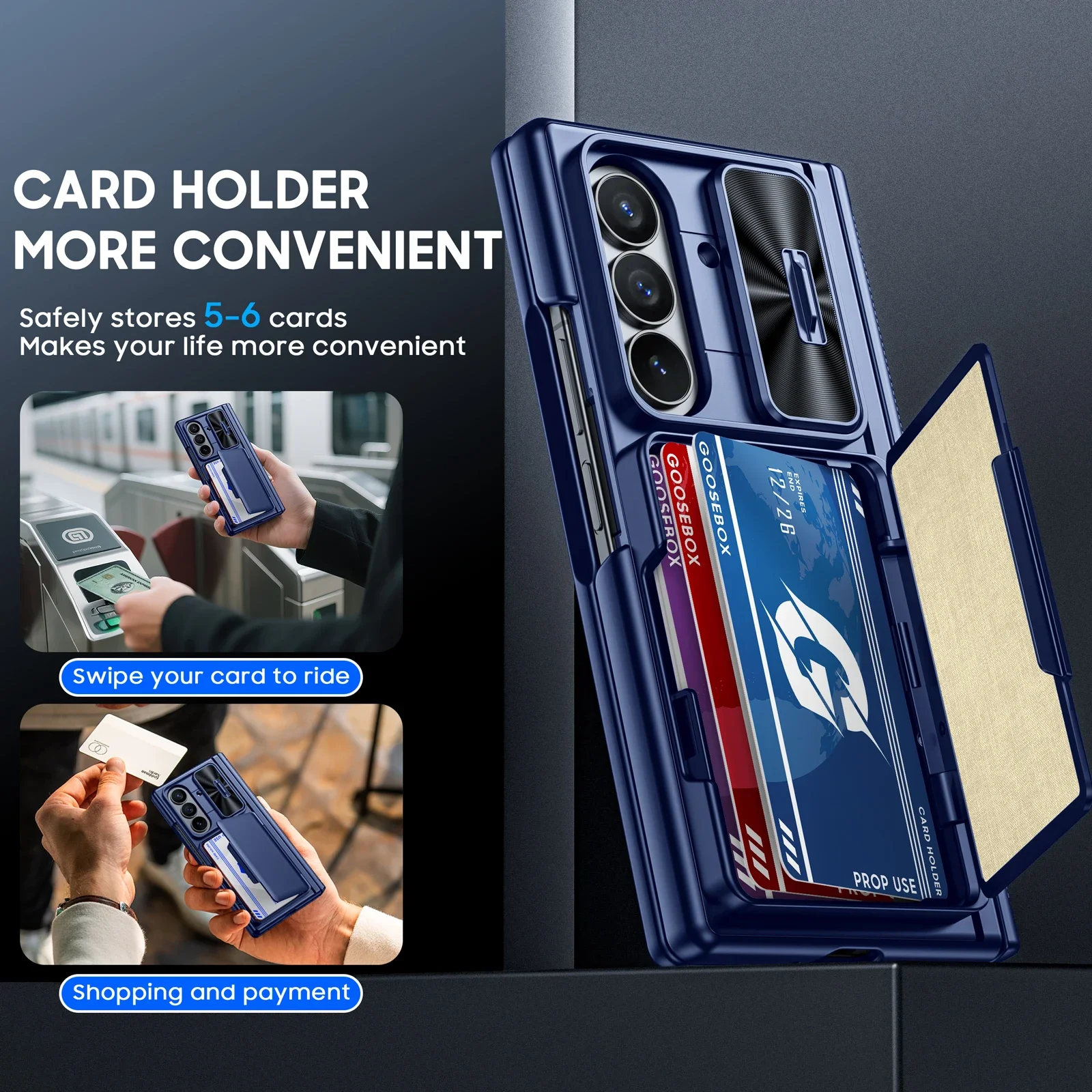 هدايا الهالوين، حامل بطاقات RFID، مع حامل، حماية مفصلية، غطاء كاميرا، جراب مقاوم للصدمات لهاتف Samsung Z Fold 7-Blue