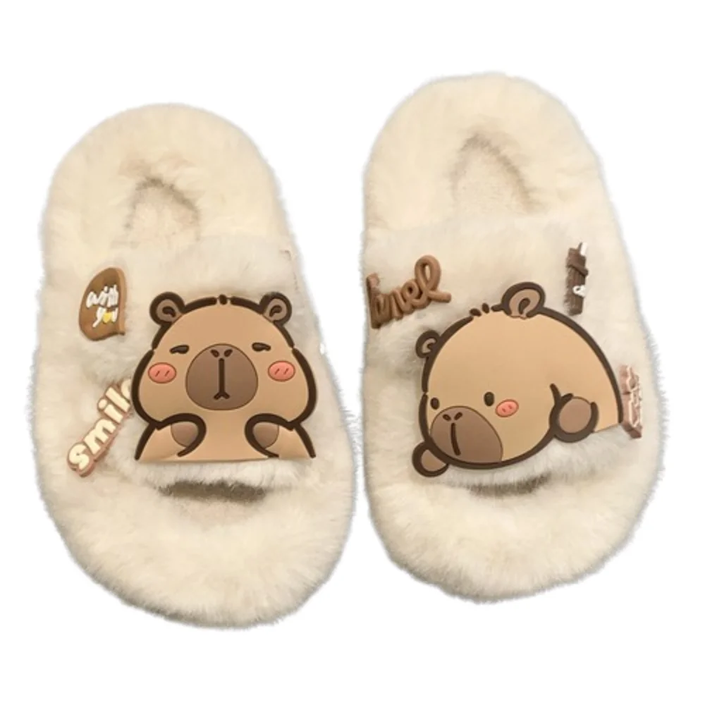 

Creative Children Warm Capybara Slippers Animal Rubber sole Capibara Plush Slippers Long Plush Soft Winter Home Shoes Household