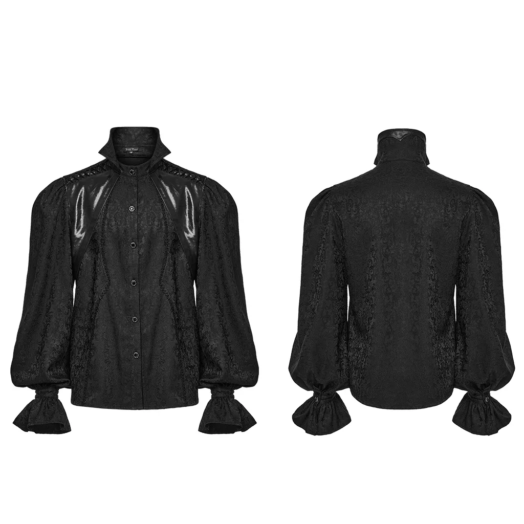 PUNK RAVE Men Goth Palace Style Black Jacquard Shirt Stand Collar Puff Sleeve Victorian Blouse WY1690