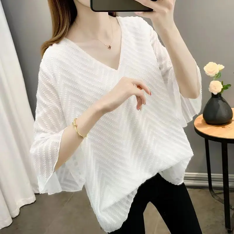 Summer Casual Women V-Neck Petal Sleeve Chiffon Shirt Sheer Loose Plus Size Top Office Lady Solid Elegant Trend All-Match Blouse