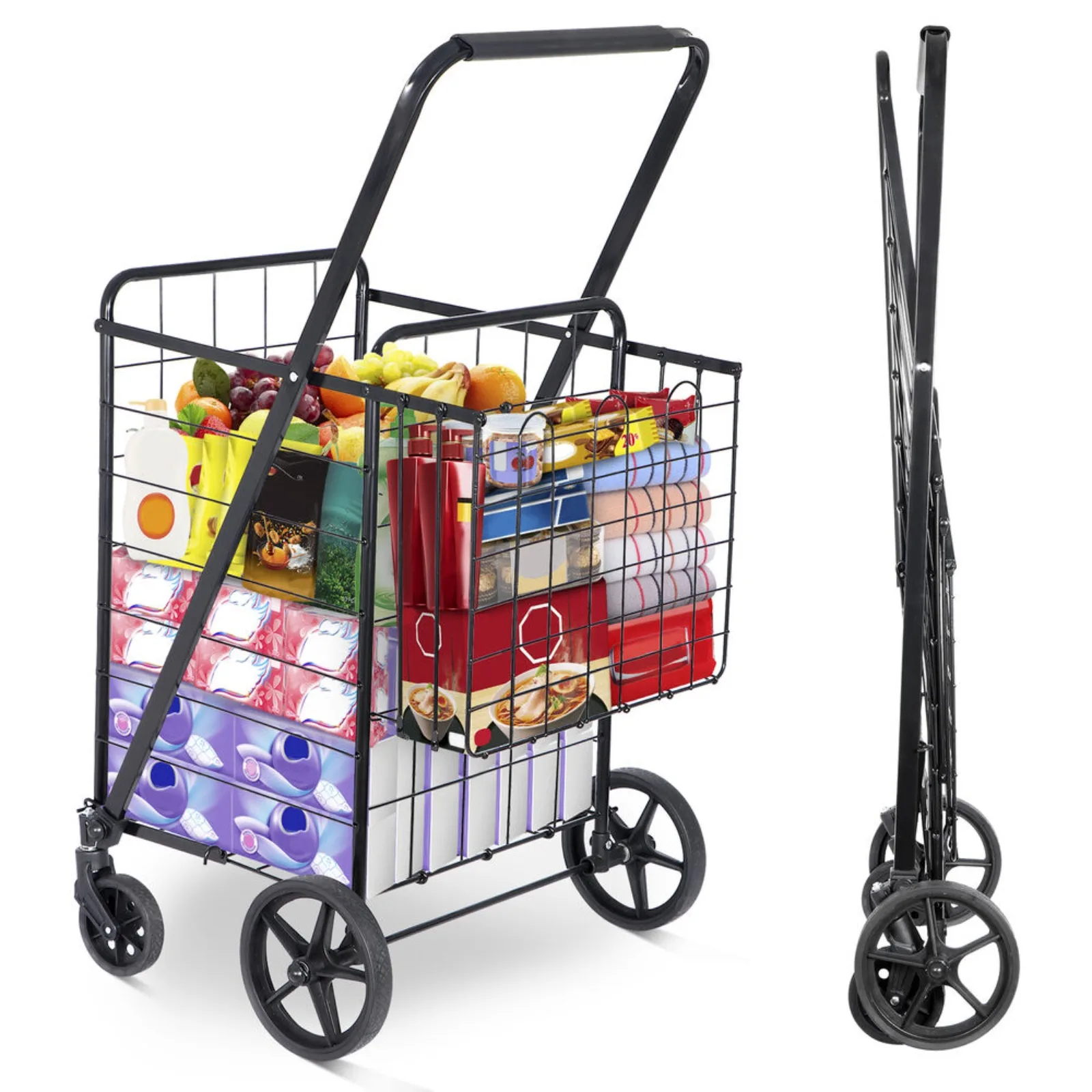 

US Folding Shopping Cart Utility Cart with Double Basket and Swivel Wheels