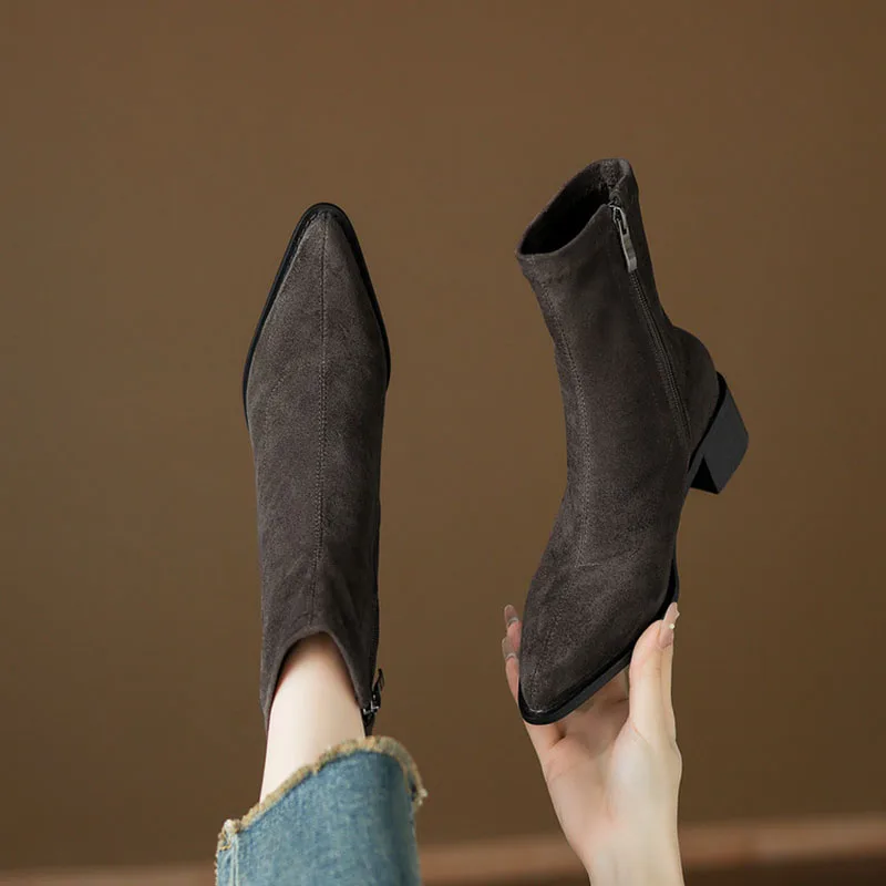 

Женские бархатные ботильоны Phoentin, женские коричневые туфли больших размеров на среднем каблуке с острым носком и застежкой-молнией по бокам, FT4169