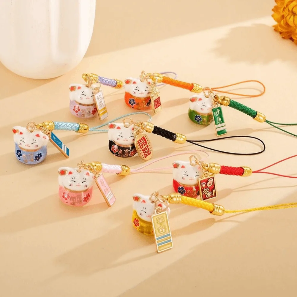 Chinese Style Ceramic Lucky Cat Phone Charms Fortune Trinket Fortune Cat Key Chain Cartoon Metal Maneki Neko Phone Chain