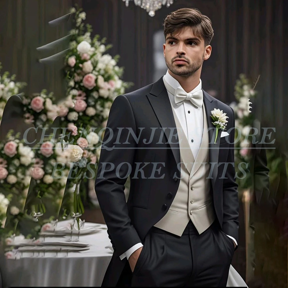 

Luxury Black Men's Suits 3 Piece Jacket Pants Vest Full Sets Elegant Single Breasted Peak Lapel Formal Wedding Male Clothing