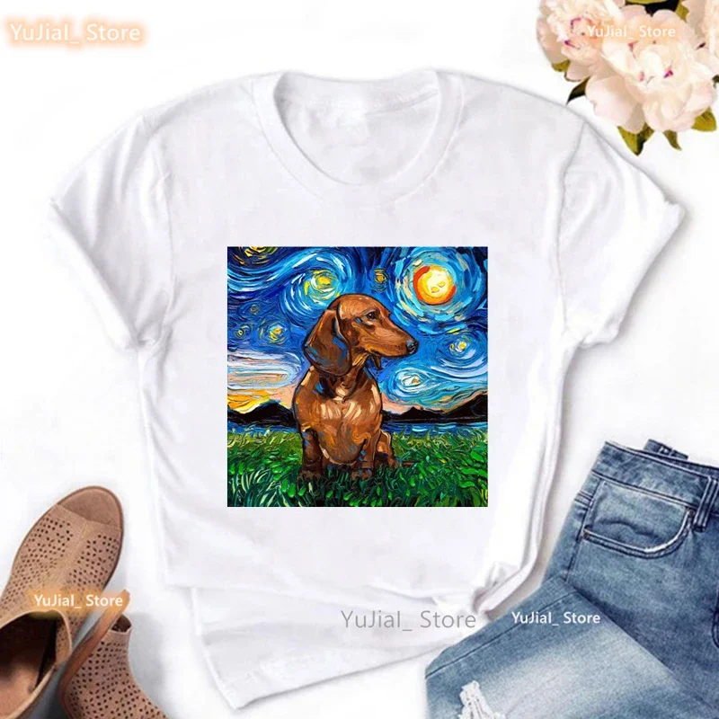 Funny T Shirt Women Starry Sky Chihuahua/Shih Tzu/Dachshund /Corgi /Yorkie/French Bulldog Print Tshirt Girls Harajuku Shir