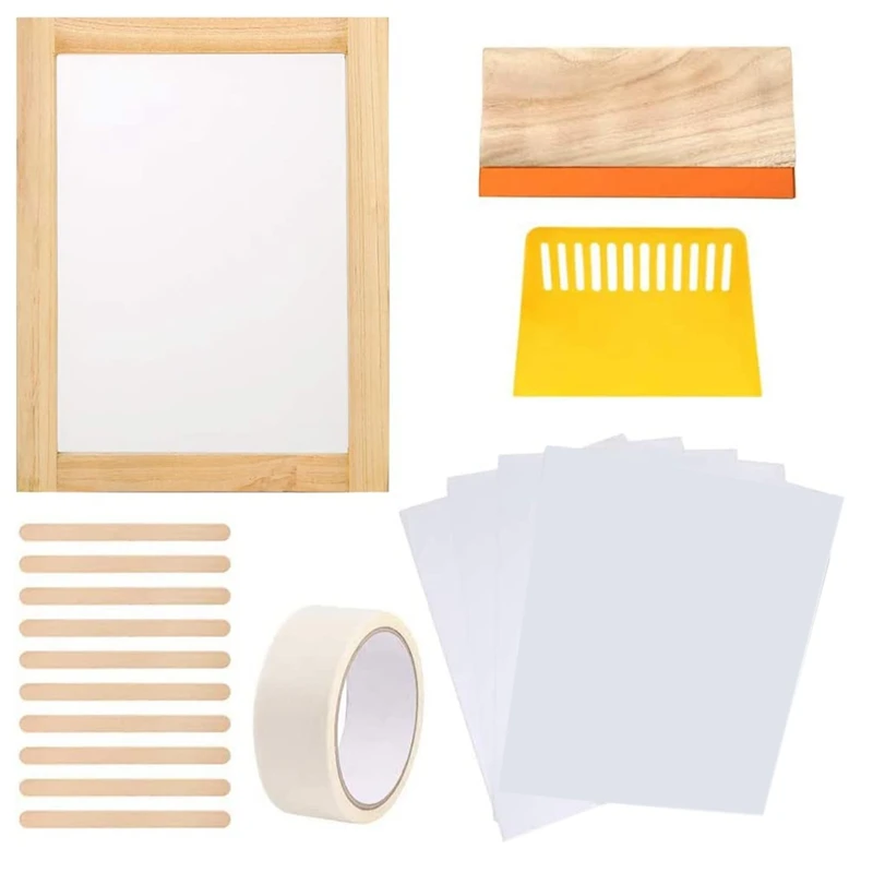 Screen Printing Starter Kit, 10 X 14 Inch Wood Silk Screen Printing Frame With 110 White Mesh, Screen Printing Squeegees