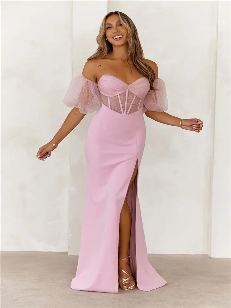 

Hot Selling Off Shoulder Neckline Puff Sleeves Straight Satin Evening Dress Back Zipper Floor Length High Slit Gown For Women