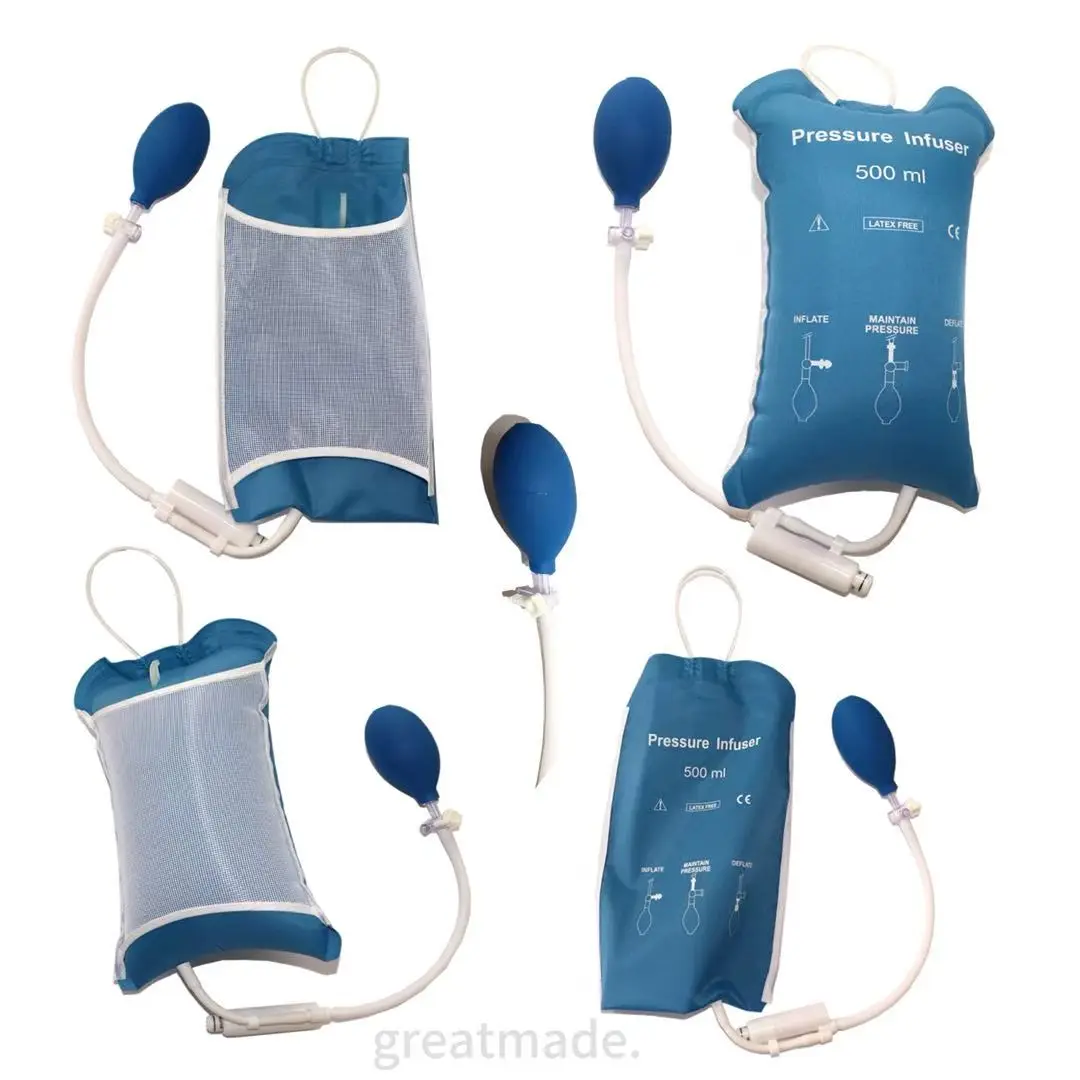 Single Tube Medical Pressure Infusion Bag with Blue Bulb, Pressure Gauge for Emergency Blood Transfusion