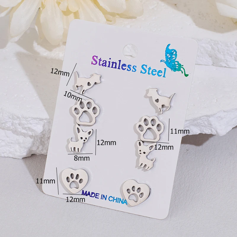 4Pairs/Lot Golden Stainless Steel Dinosaur Stud Earrings for Women Cute Butterfly Ghost Leaf Earing Dog Paw Ear Piercing Jewelry