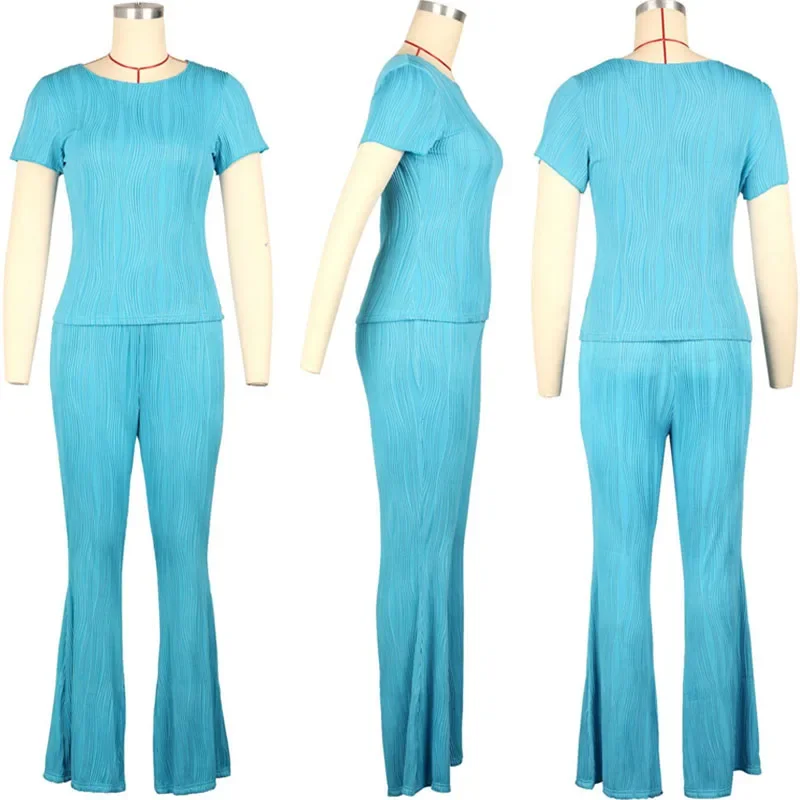 Striped Casual Tracksuit Women Two Piece Set Active Wear Workout Short Sleeve T-shirt Top and Wide Leg Pants Sweatsuits Sporty