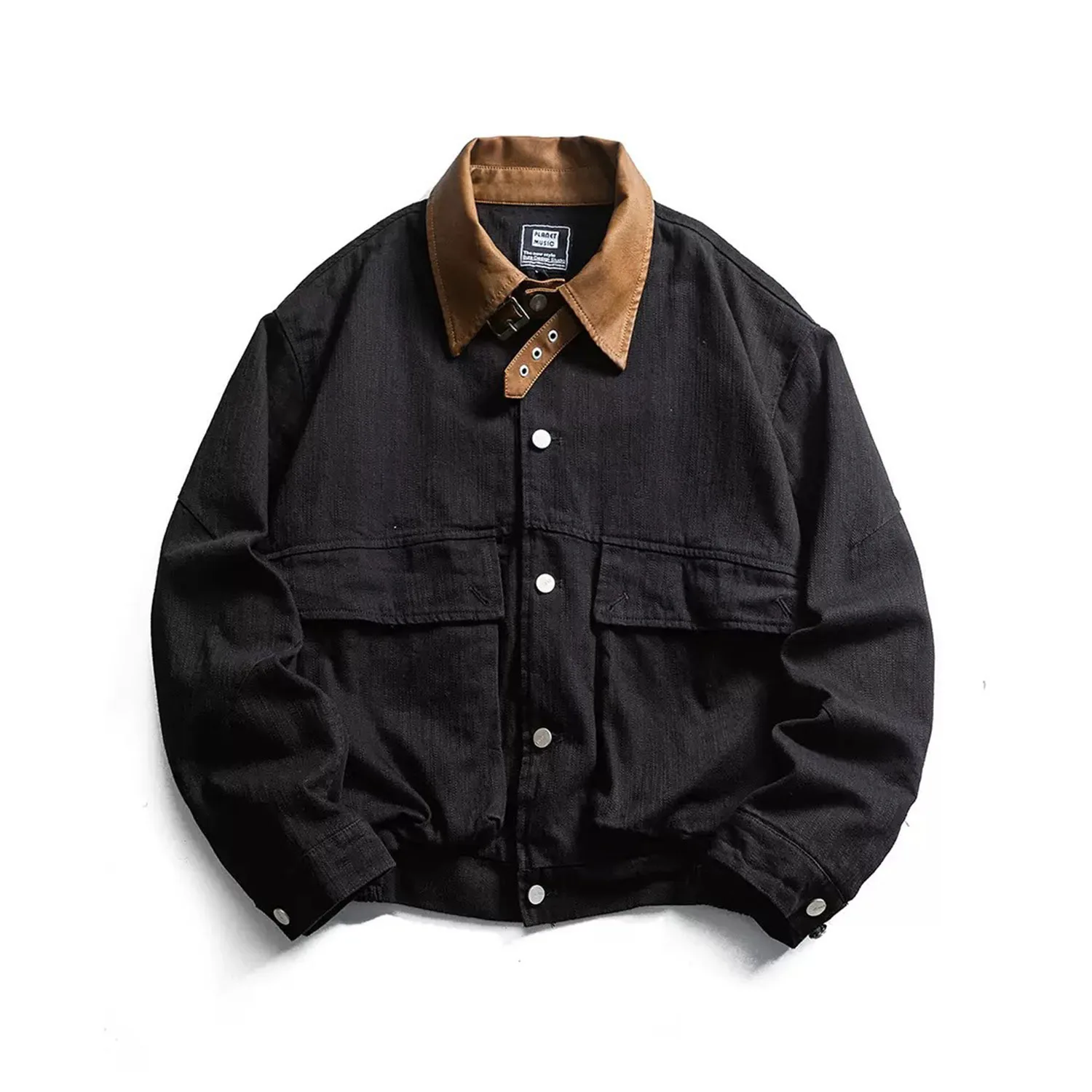 

American Retro Amekaji Men Splice Leather Collar Streetwear Loose Casual Cargo Outerwear Bomber Jacket Spring Autumn Coat