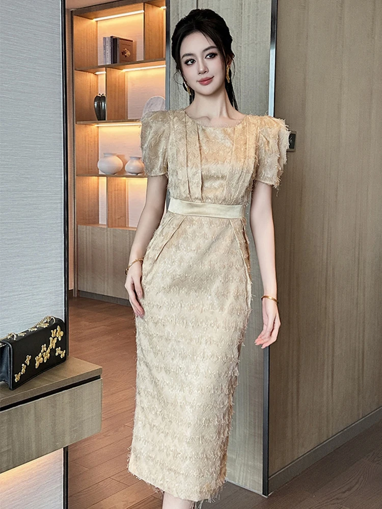 Frauen Kleidung Formelle Anlässe Kurzarm Quasten Schlank Midi Bleistift Kleid Elegante Pendeln Dame Mode Party Vestido Robe Sommer