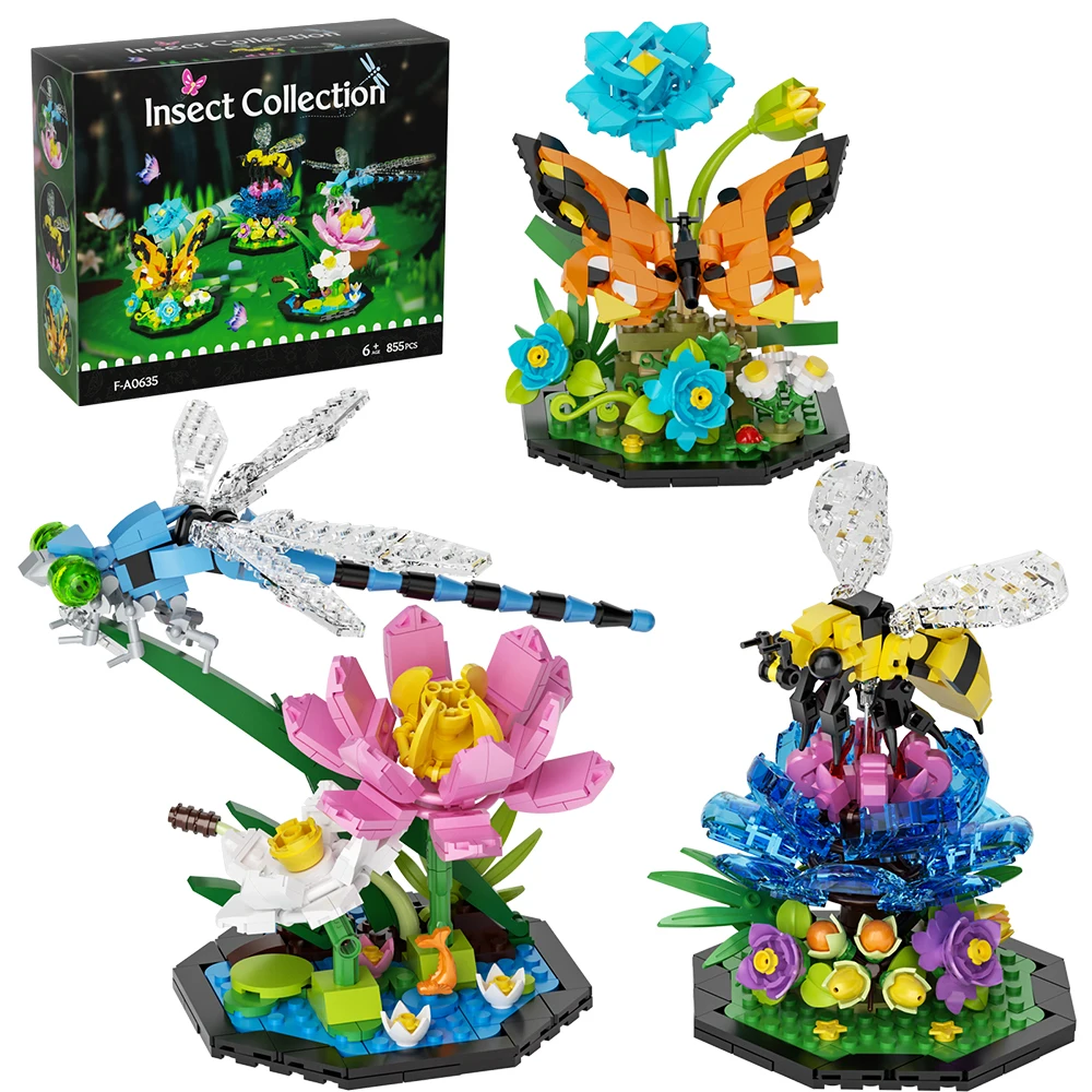 MOC Insect Plant Potted Bee Butterfly Flower Bonsai Building Blocks Creativity Series Floral Insects Model Bricks kids Toy Gift
